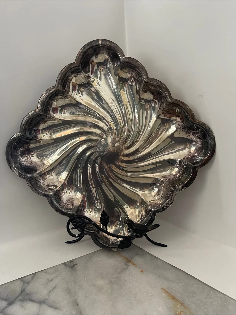 Vintage English Silver Mfg Platter square Swirling scalloped Edge 12” Square